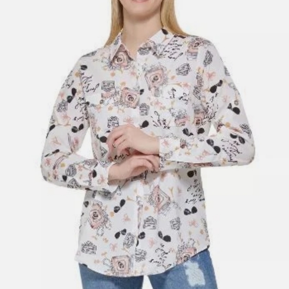 Karl Lagerfeld White Floral Script Button-Up Blouse
